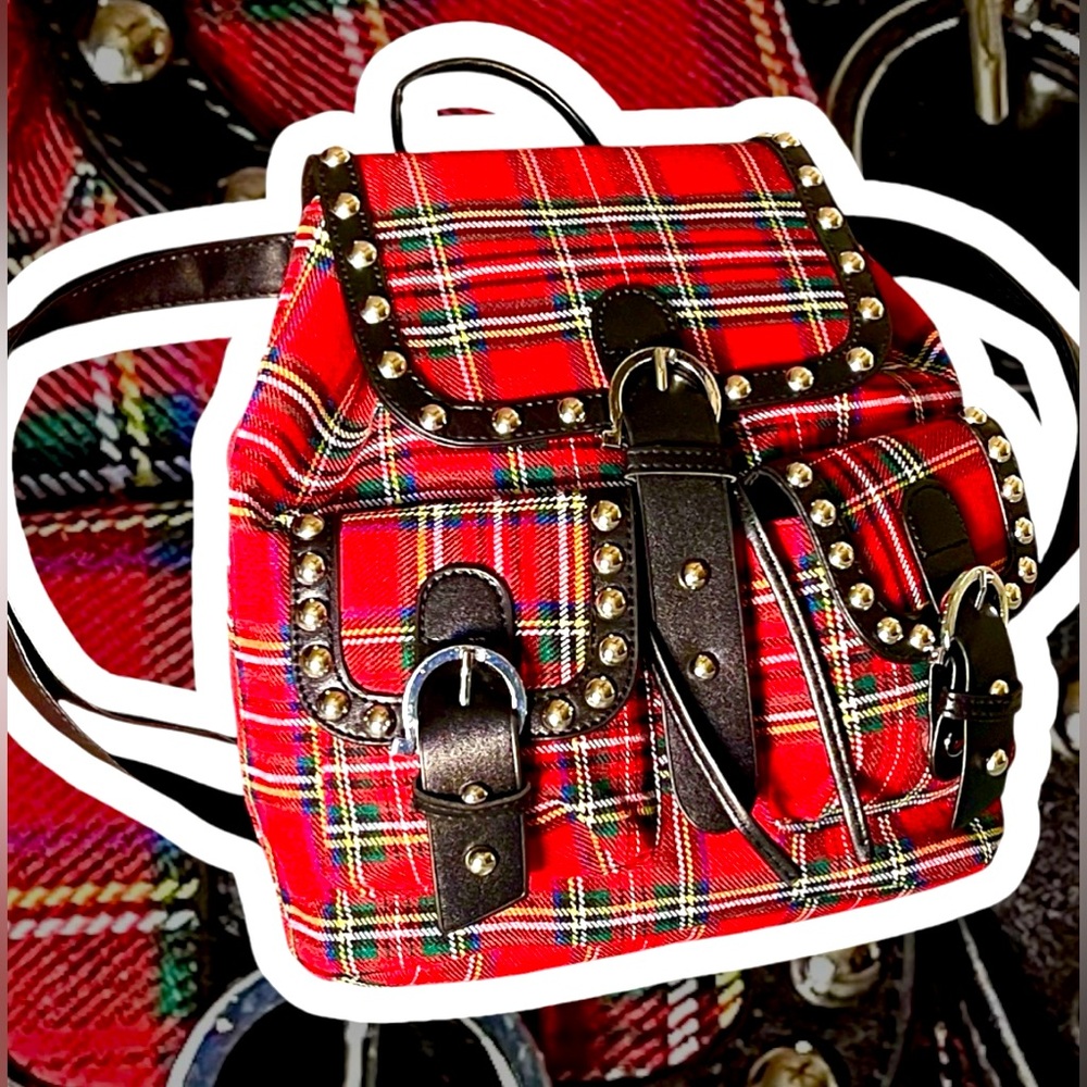 SHEIN NWOT Backpack vegan Leather Silver Studs & Red Plaid